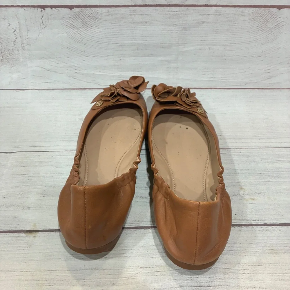Tory Burch Blossom Ballet Flats Womens 8.5 Tan Leather Flower Applique